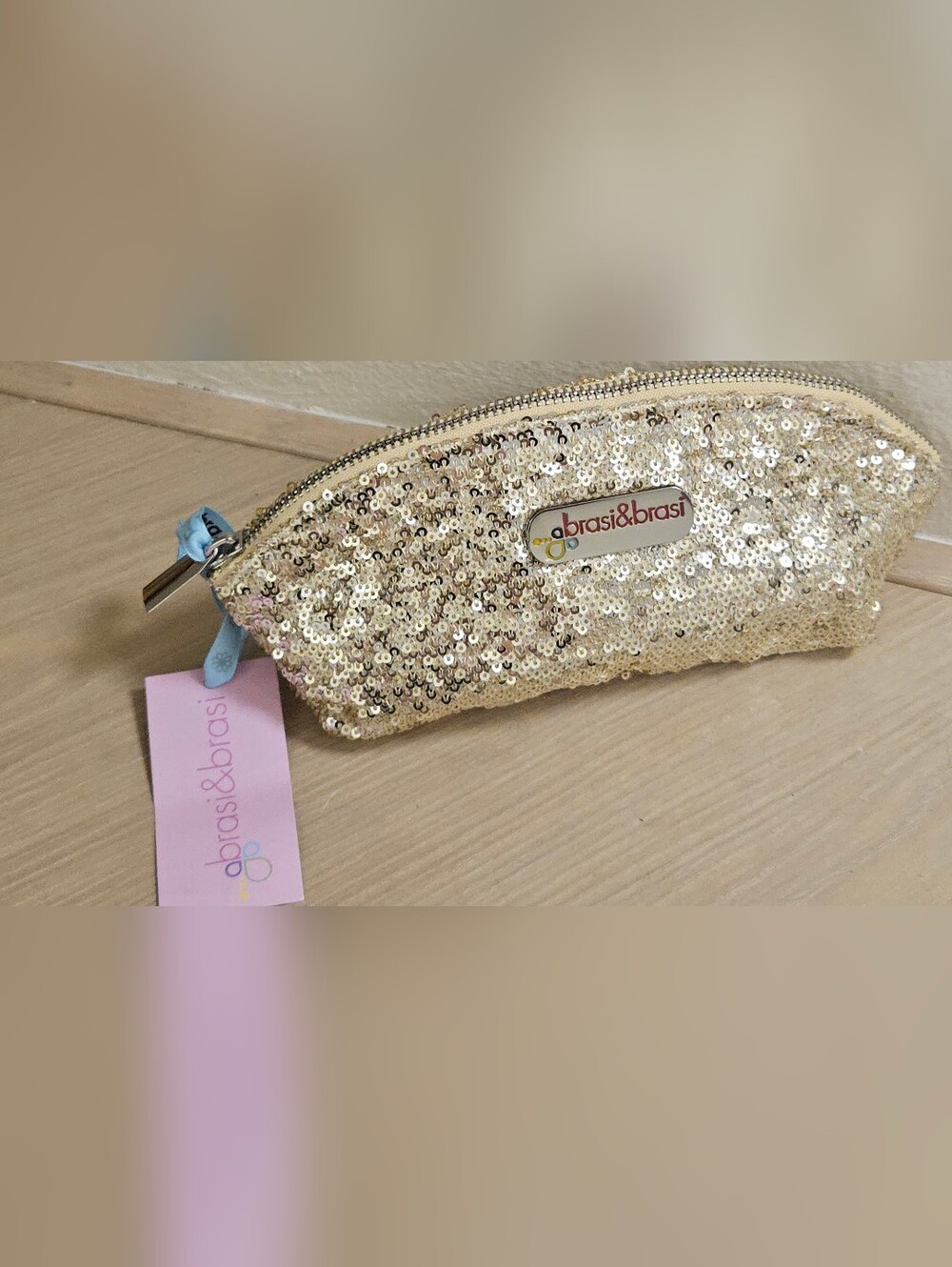 BRASI & BRASI GEMAN SEQUIN LIGHT GOLD SPARKLY MAKEUP PEN CASE TRAVEL BAG CLUTCH